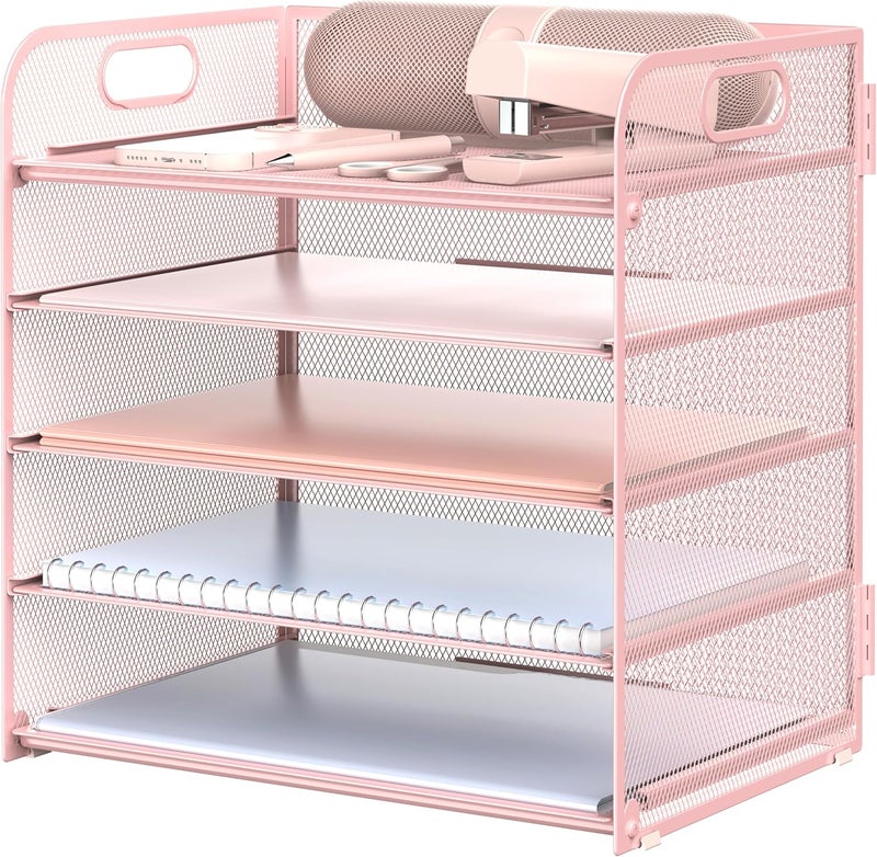 Sinboun Letter Tray Paper Organizer 5-Tier Desk Organizer File Organizer Paper Holder with Handle, Metal Desktop Document Shelf Tray Office Classroom Organization - Pink, PK5CENGTISHOU - Image 1